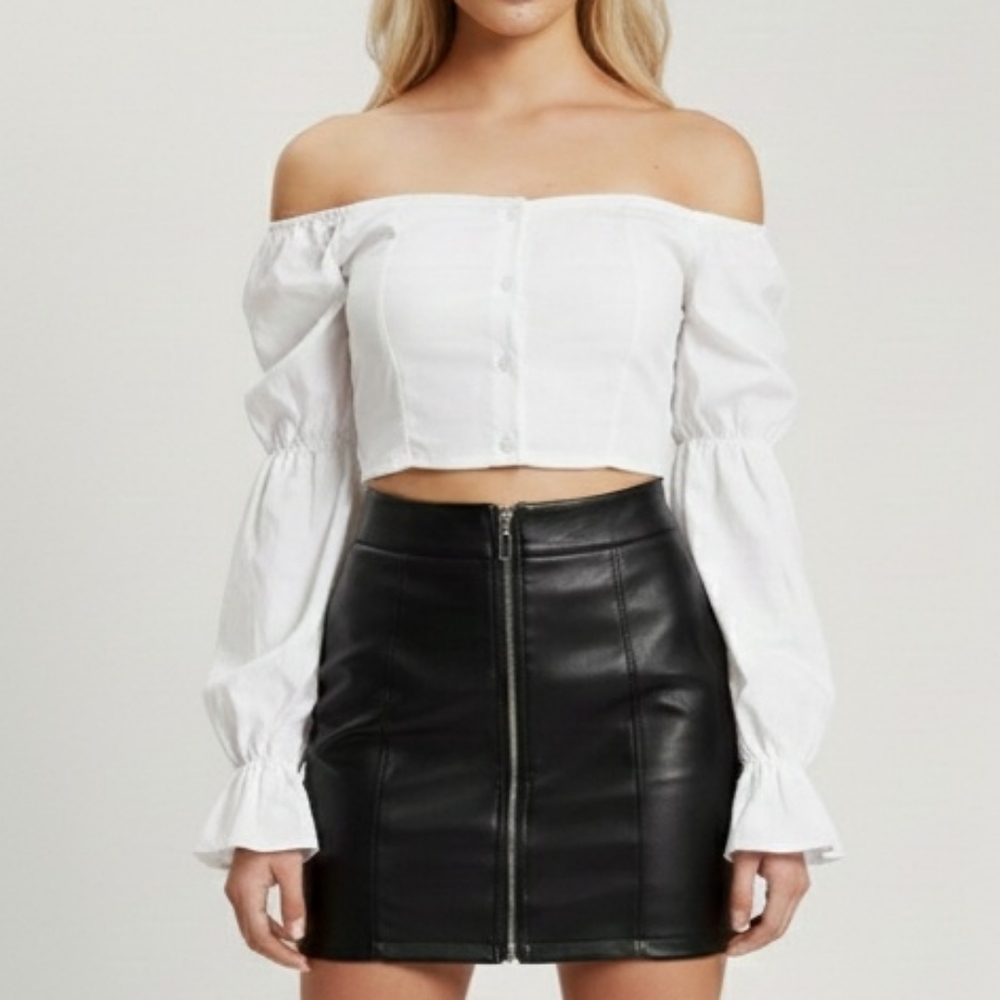 PRETTY LITTLE THING White Cold Shoulder Cropped Bishop Sleeve Blouse